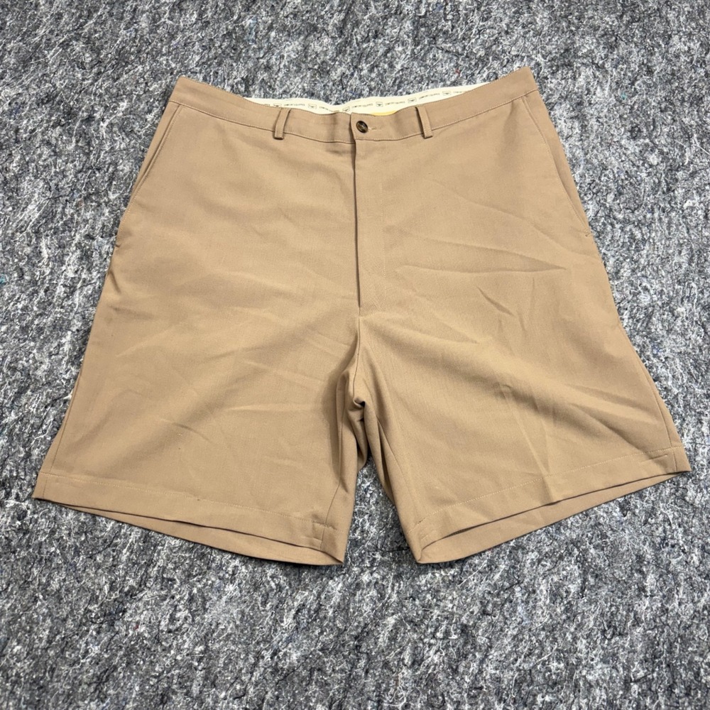 Haggar Comfort Equipped Mens Tan Khaki Flat Front Stretch Shorts Size 36 4115